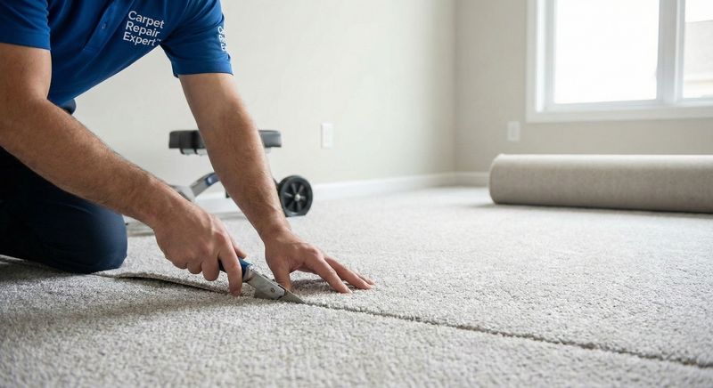 Technician trimming carpet along the wall during a restretch in an empty room