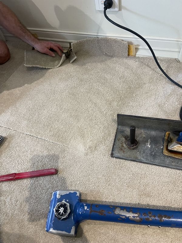 Carpet stretcher and seaming tools in use on beige carpet beside a wall