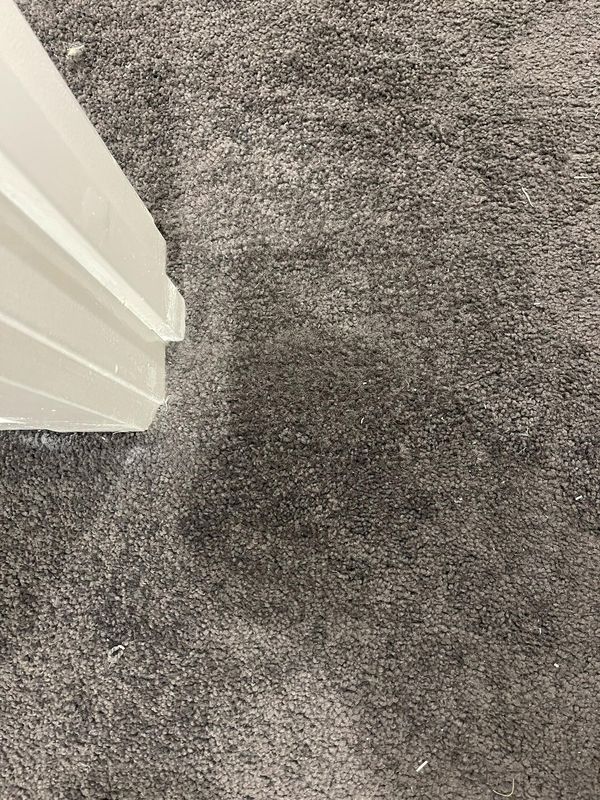 Close-up of a dark stain on grey carpet beside a door frame
