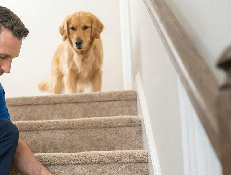 Golden retriever watching from the top of carpeted stairs