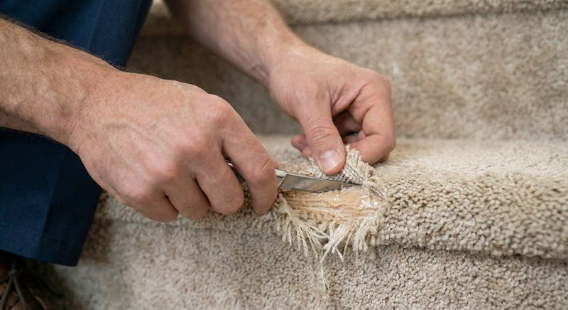 Close-up of hands repairing a frayed stair carpet edge