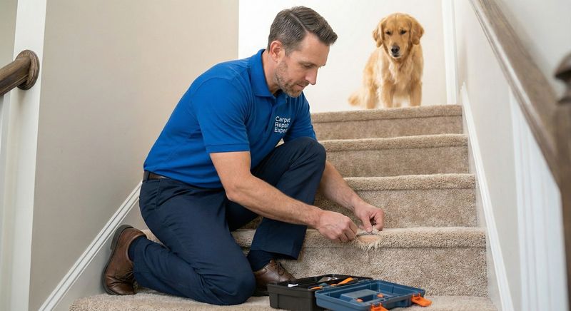 Carpet Repair Expert technician repairing stair carpet while the family dog watches from the landing